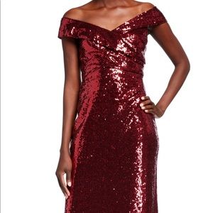 Off-the-Shoulder Sequin Gown red